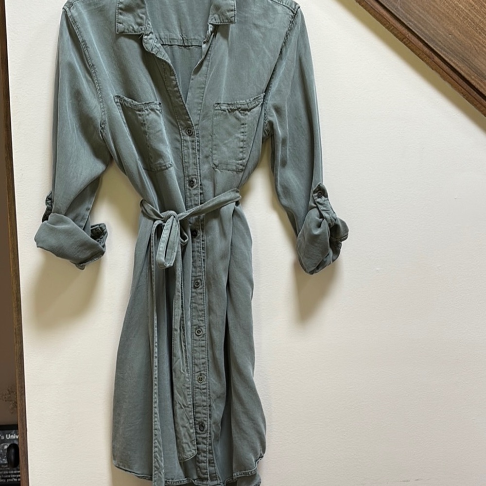 Casual Olive Green Belted Shirt Dress